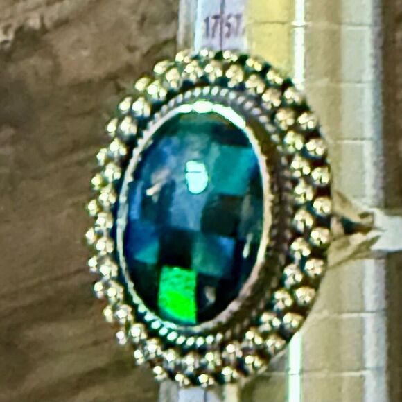 Southwest Aurora Opal & Onyx Checkerboard Sterling Silver Boho Adjustable Ring - Picture 4 of 10